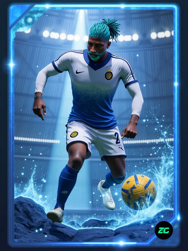 AI-generated full-body football player poster from a Pro Clubs screenshot — example 2