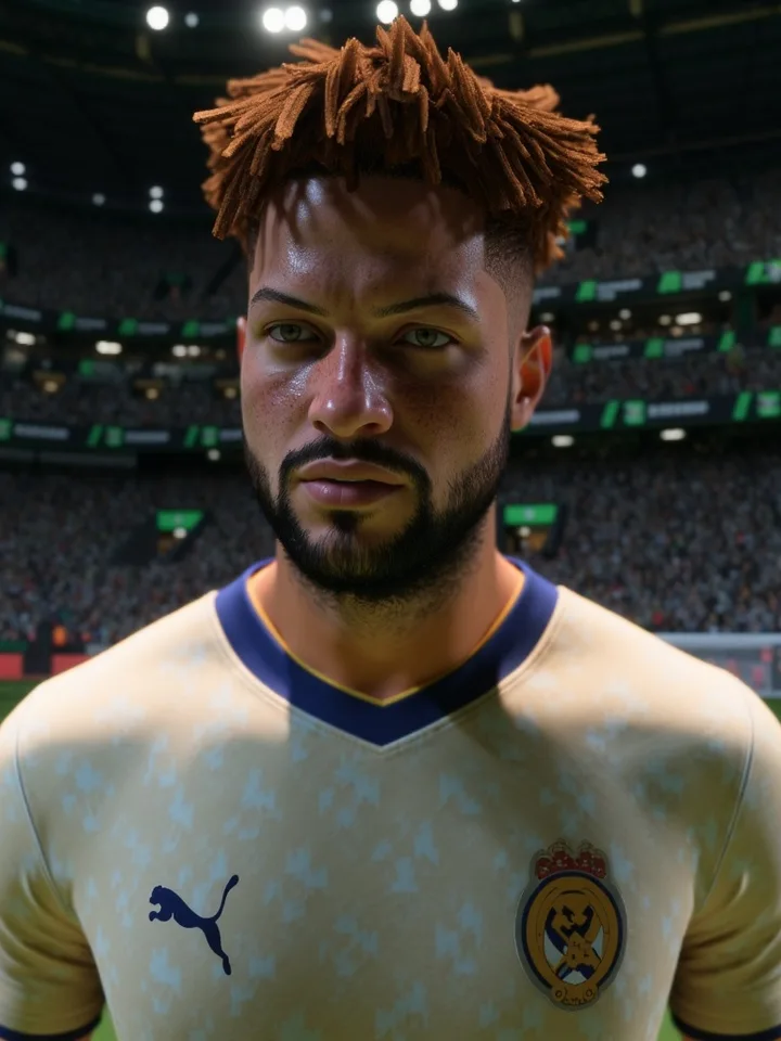 AI-generated football player headshot based on a Pro Clubs character — example 1