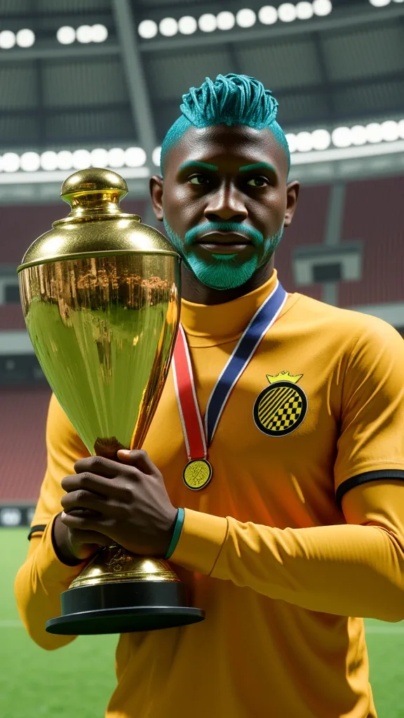 AI-generated championship football poster featuring a Pro Clubs player and trophy — example 2