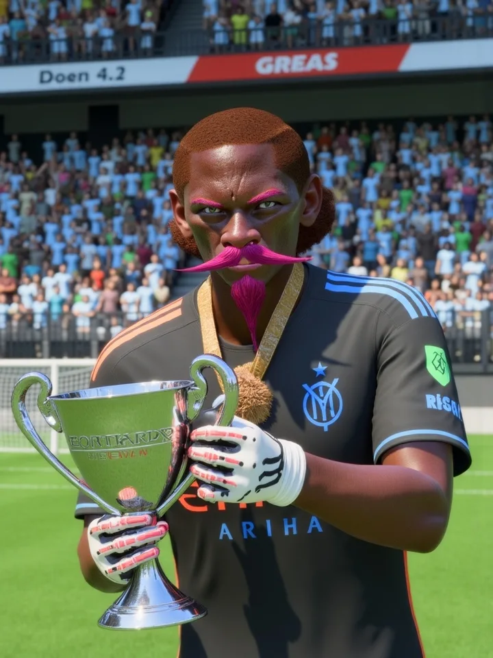 AI-generated championship football poster featuring a Pro Clubs player and trophy — example 1